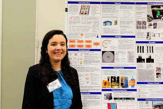 Eva Mohr, graduate student in the Soper group, standing by a research poster.