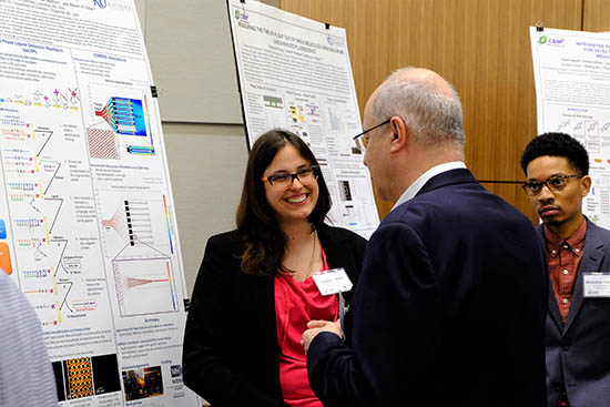 Jenny Conner, Soper group member, visits with Prof. Francis Barany at the poster session.