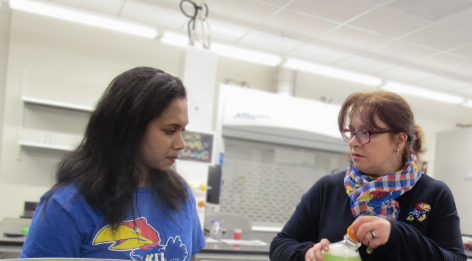 Dr. Maggie Witek talks with a KU student about Carnival events.