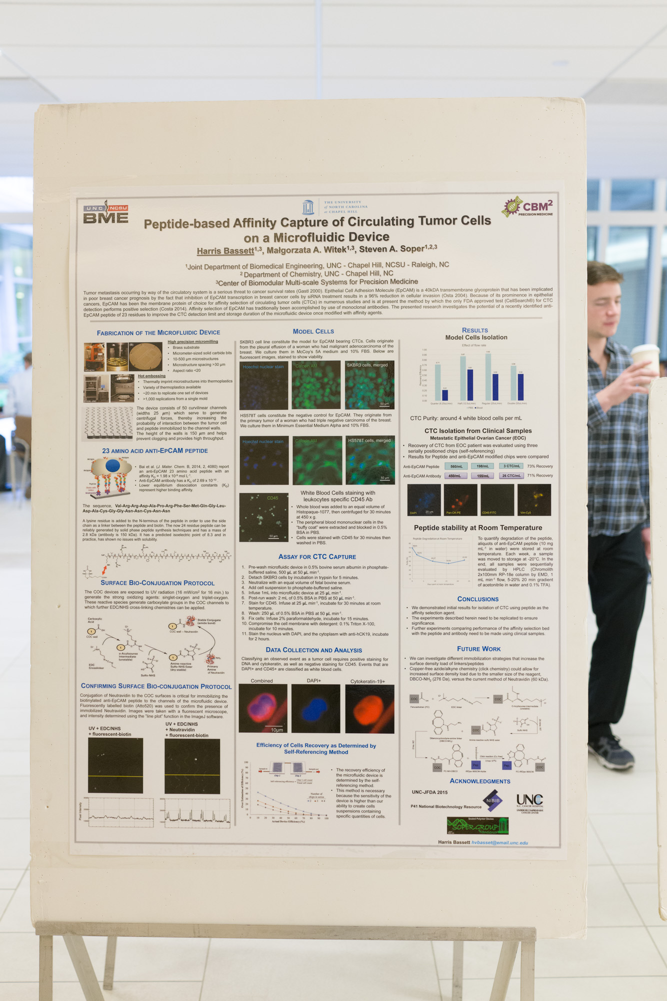 Scientific poster discussing 'Peptide-based Affinity Capture of Circulating Tumor Cells'. A man is partially visible in the background, holding a coffee.