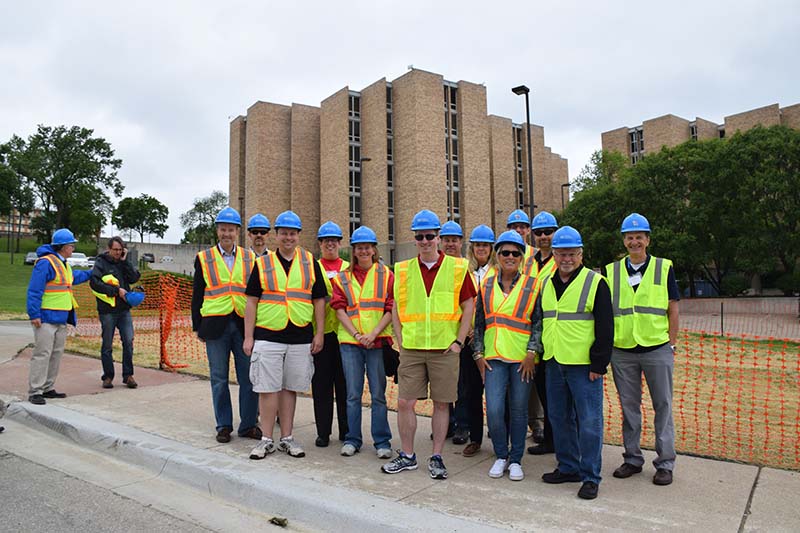 Symposium participants ready to take a hard hat tour of the Integrated Science Building, future home of the KU Chemistry Department