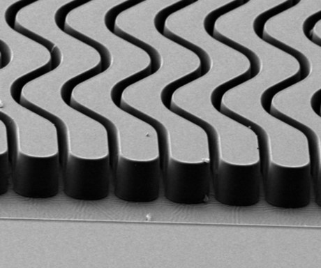Close-up grayscale image of interlocking wavy structures with cylindrical ends.
