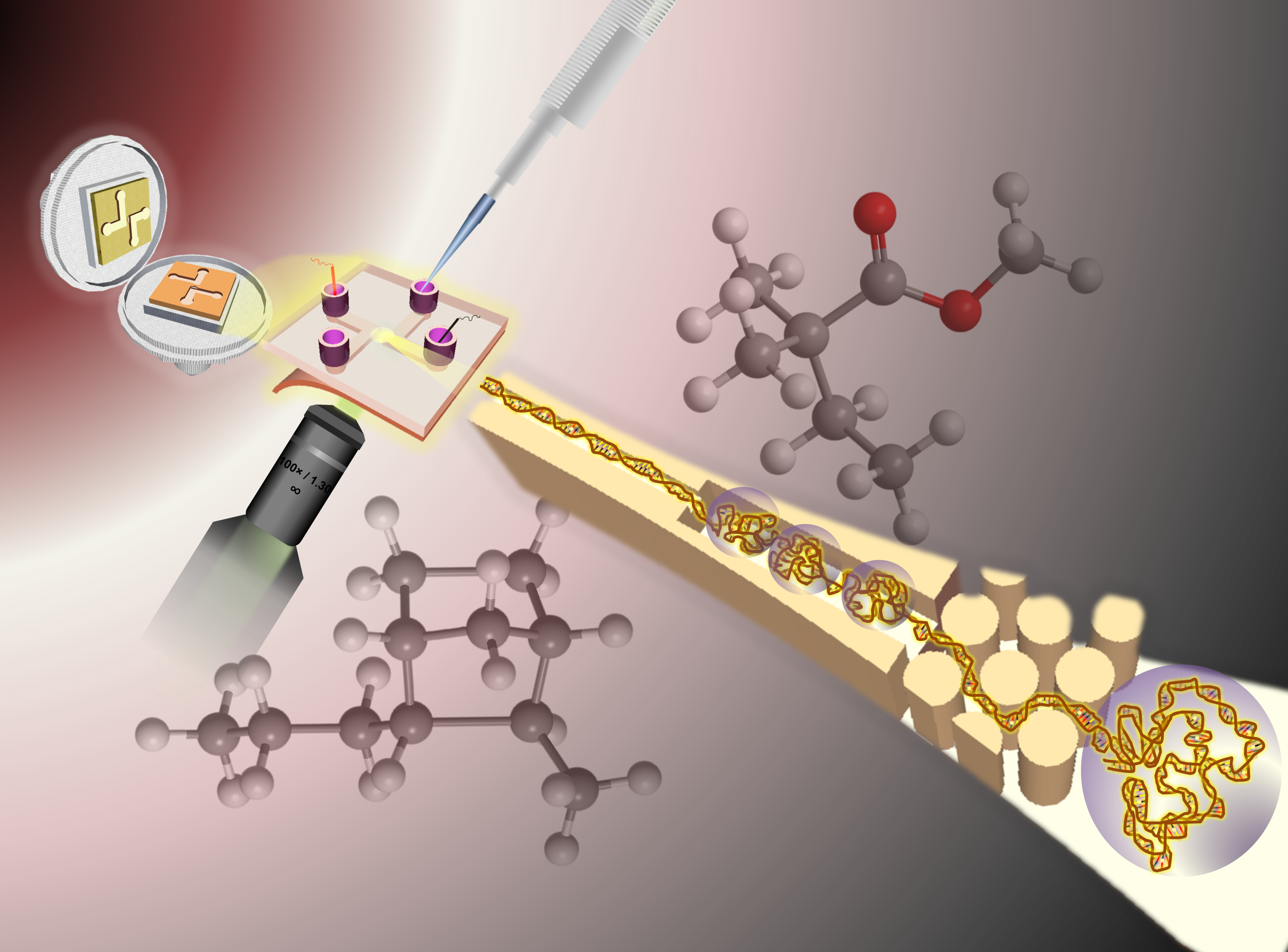 Illustration of a pipette tip with molecular interactions and a zoomed-in chip device on a gradient background