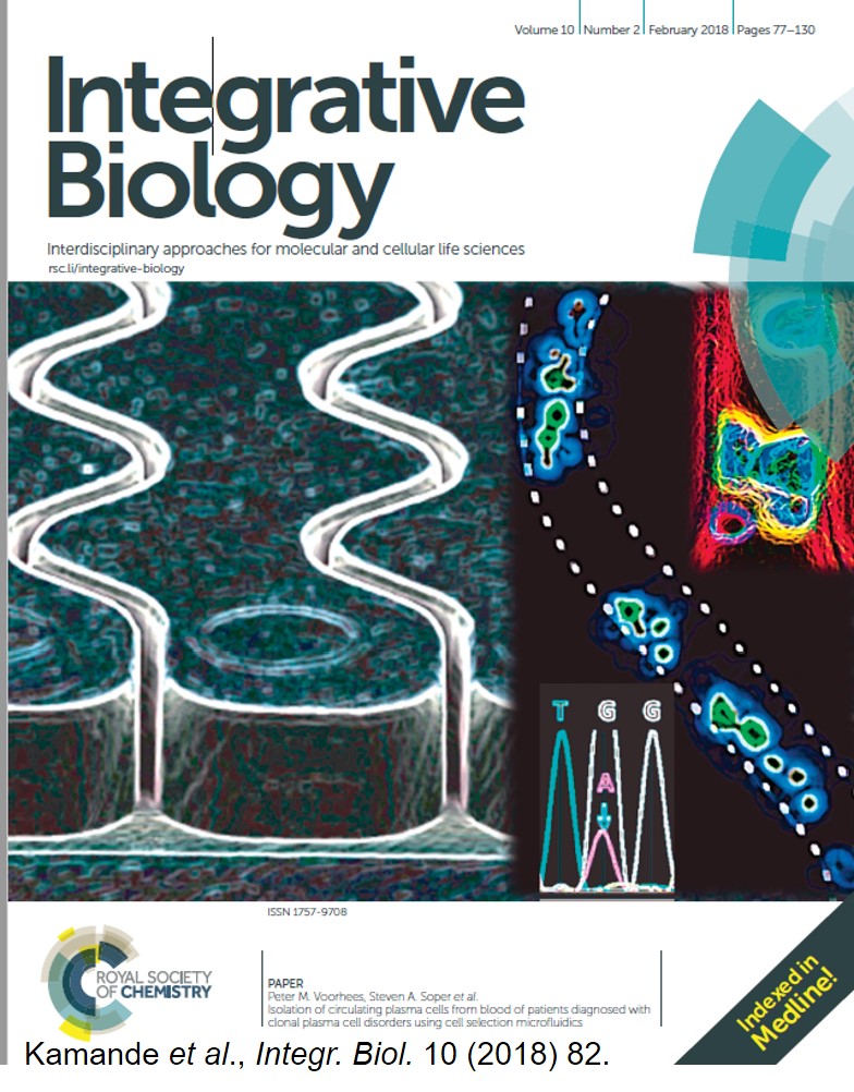 Cover of 'Integrative Biology' journal showcasing abstract imagery of cellular structures and pathways, combined with text and graphs. Features the title 'Kamande et al., Integr. Bio. 10 (2018) 82.'