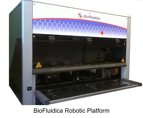 A white background with a machine labeled, "BioFluidica Robotic Platform".